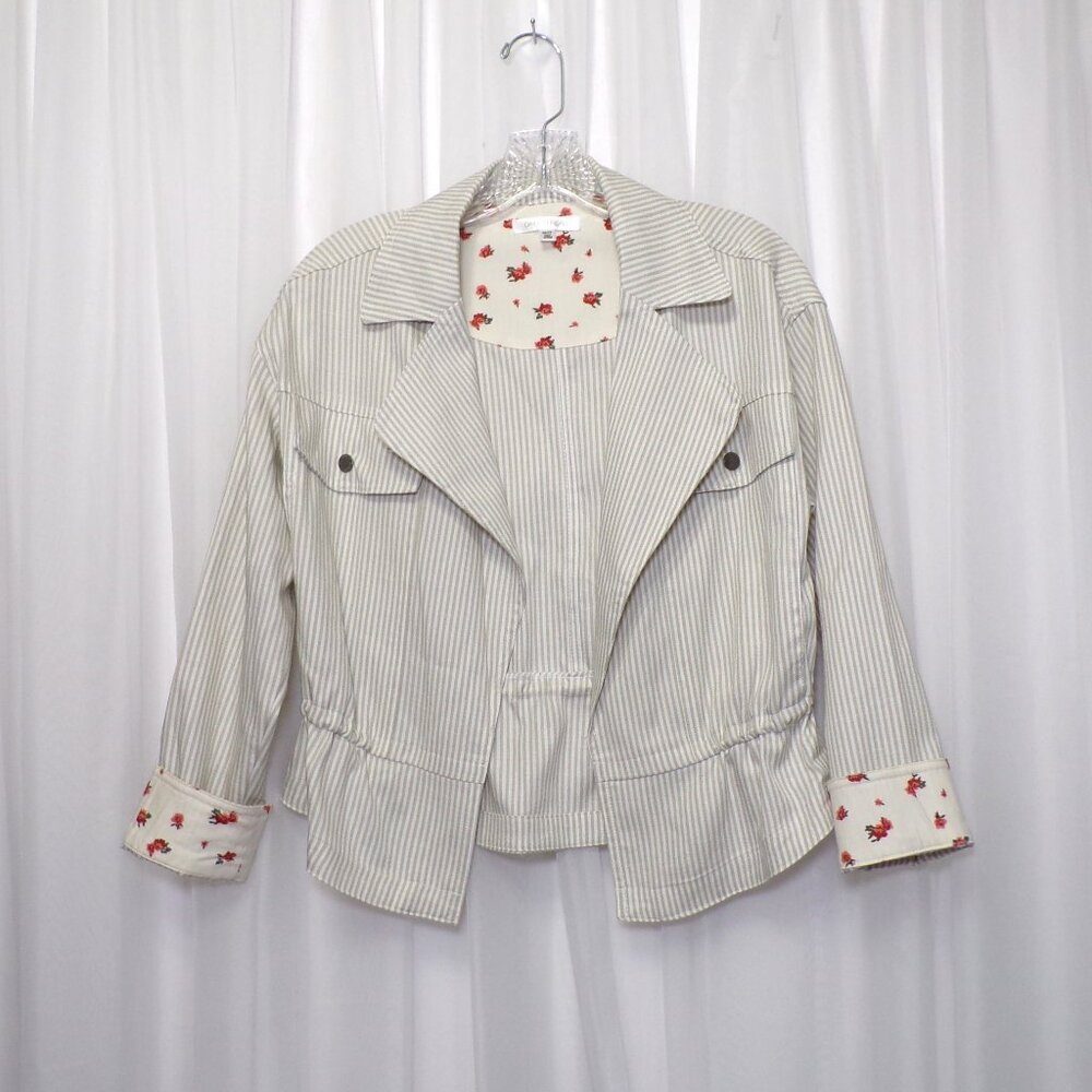Cropped Moto Jacket Womens Sz XS Tan White Striped Floral Cuffs Daily Thread